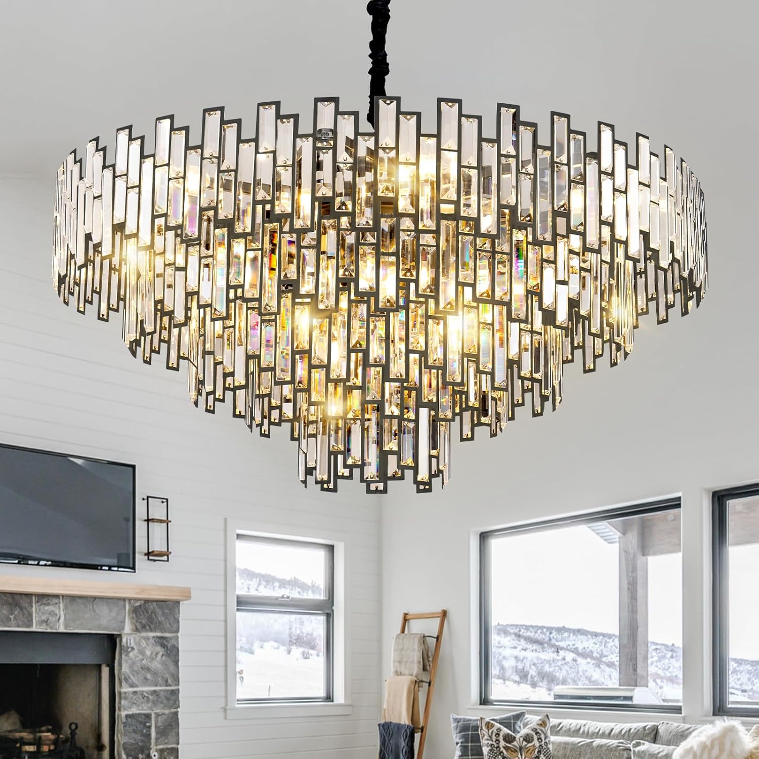 Grand Black Crystal Chandelier: 5-Tier Modern Round K9 Pendant Light for High Ceilings