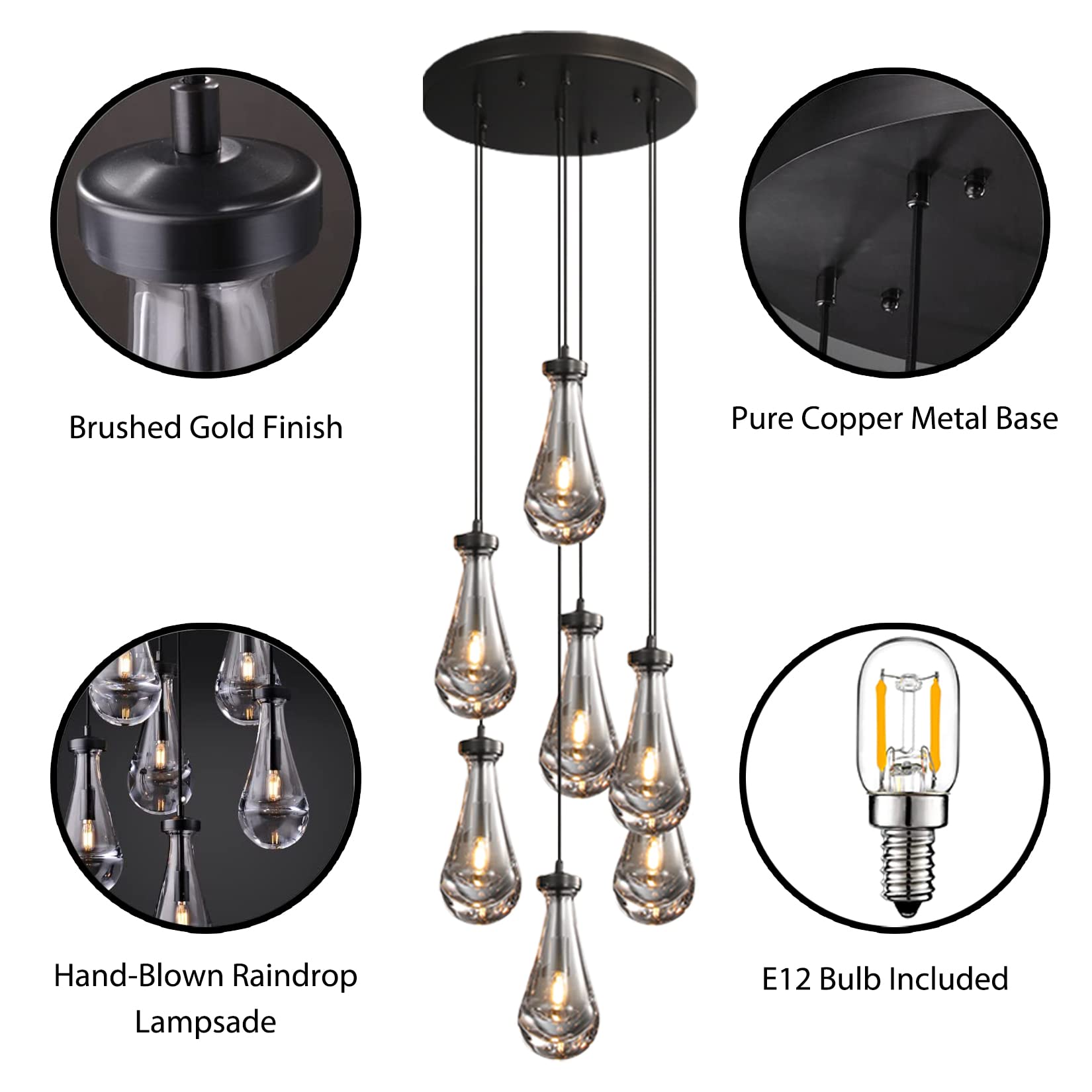 H100'' High Ceiling Chandelier for Entryway,Modern Raindrop Chandeliers for Living Room,Black 7 Light Adjustable Rope Teardrop Pendant Lights Kitchen Island for Hallway/Staircase