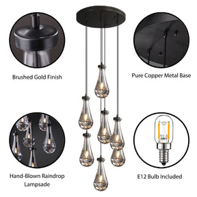 H100'' High Ceiling Chandelier for Entryway,Modern Raindrop Chandeliers for Living Room,Black 7 Light Adjustable Rope Teardrop Pendant Lights Kitchen Island for Hallway/Staircase