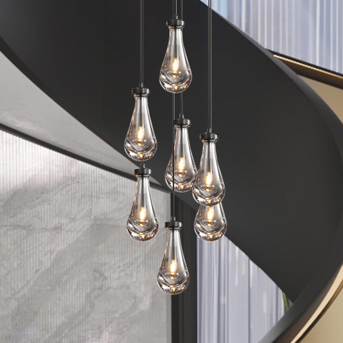 H100'' High Ceiling Chandelier for Entryway,Modern Raindrop Chandeliers for Living Room,Black 7 Light Adjustable Rope Teardrop Pendant Lights Kitchen Island for Hallway/Staircase
