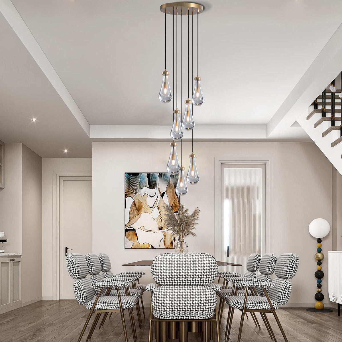 H100'' High Ceiling Chandelier for Entryway,Modern Raindrop Chandeliers for Living Room,Brass 7 Light Adjustable Rope Teardrop Pendant Lights Kitchen Island for Hallway/Staircase