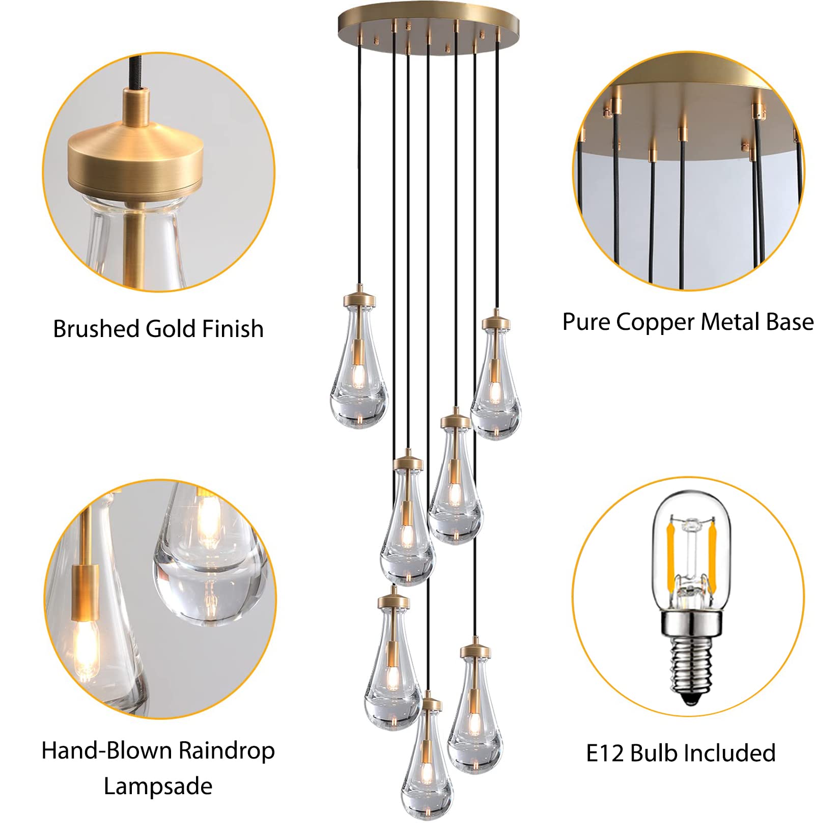 H100'' High Ceiling Chandelier for Entryway,Modern Raindrop Chandeliers for Living Room,Brass 7 Light Adjustable Rope Teardrop Pendant Lights Kitchen Island for Hallway/Staircase