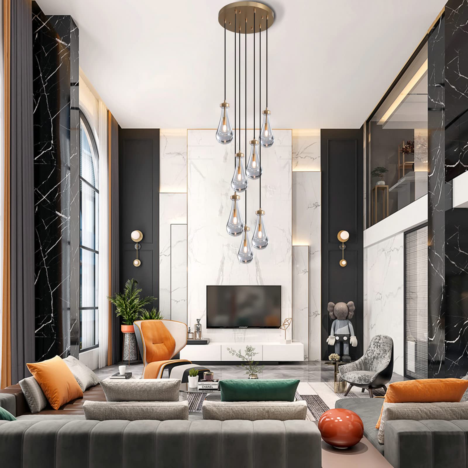 H100'' High Ceiling Chandelier for Entryway,Modern Raindrop Chandeliers for Living Room,Brass 7 Light Adjustable Rope Teardrop Pendant Lights Kitchen Island for Hallway/Staircase