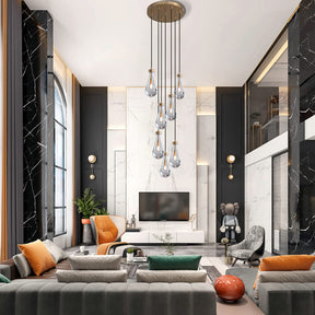 H100'' High Ceiling Chandelier for Entryway,Modern Raindrop Chandeliers for Living Room,Brass 7 Light Adjustable Rope Teardrop Pendant Lights Kitchen Island for Hallway/Staircase