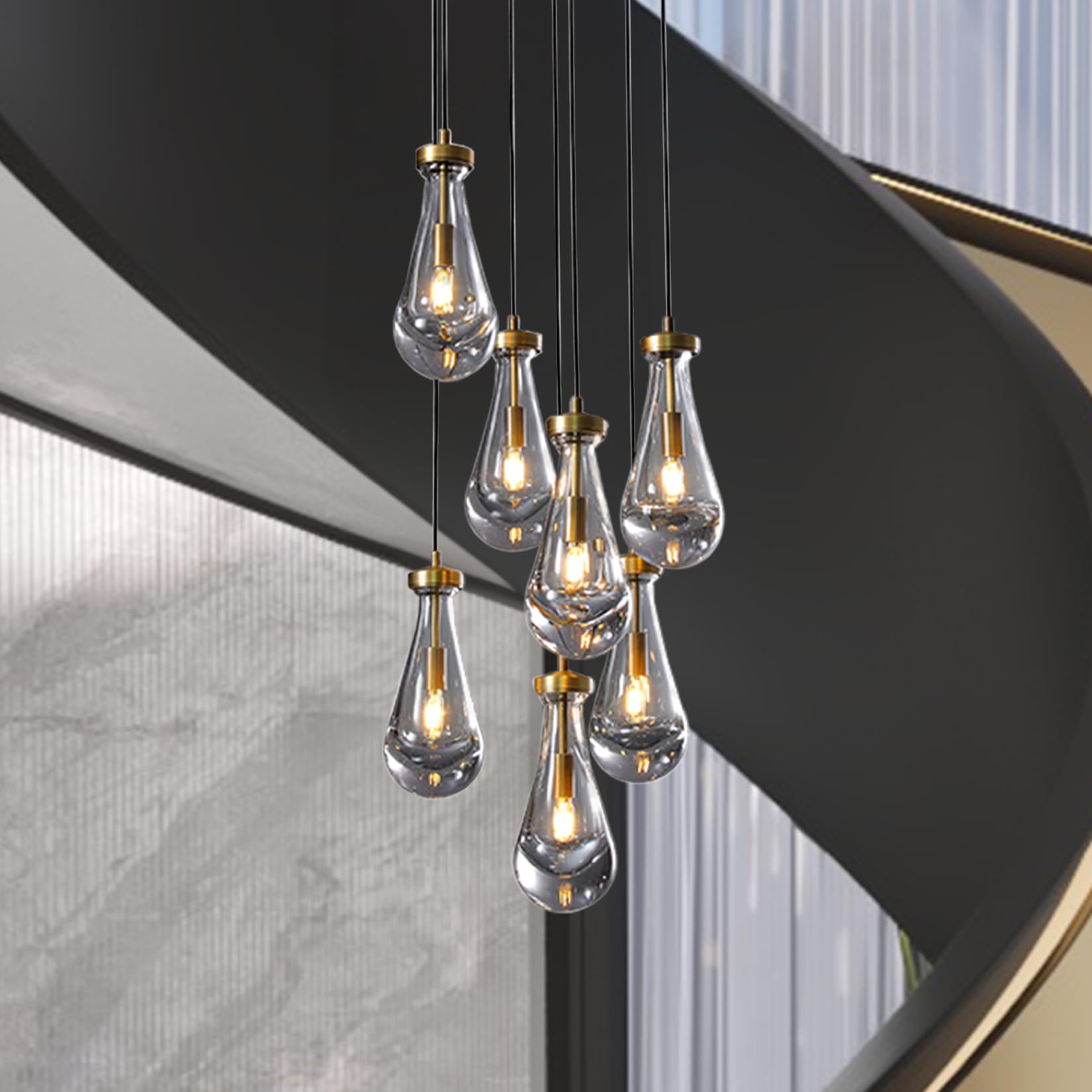 H100'' High Ceiling Chandelier for Entryway,Modern Raindrop Chandeliers for Living Room,Brass 7 Light Adjustable Rope Teardrop Pendant Lights Kitchen Island for Hallway/Staircase