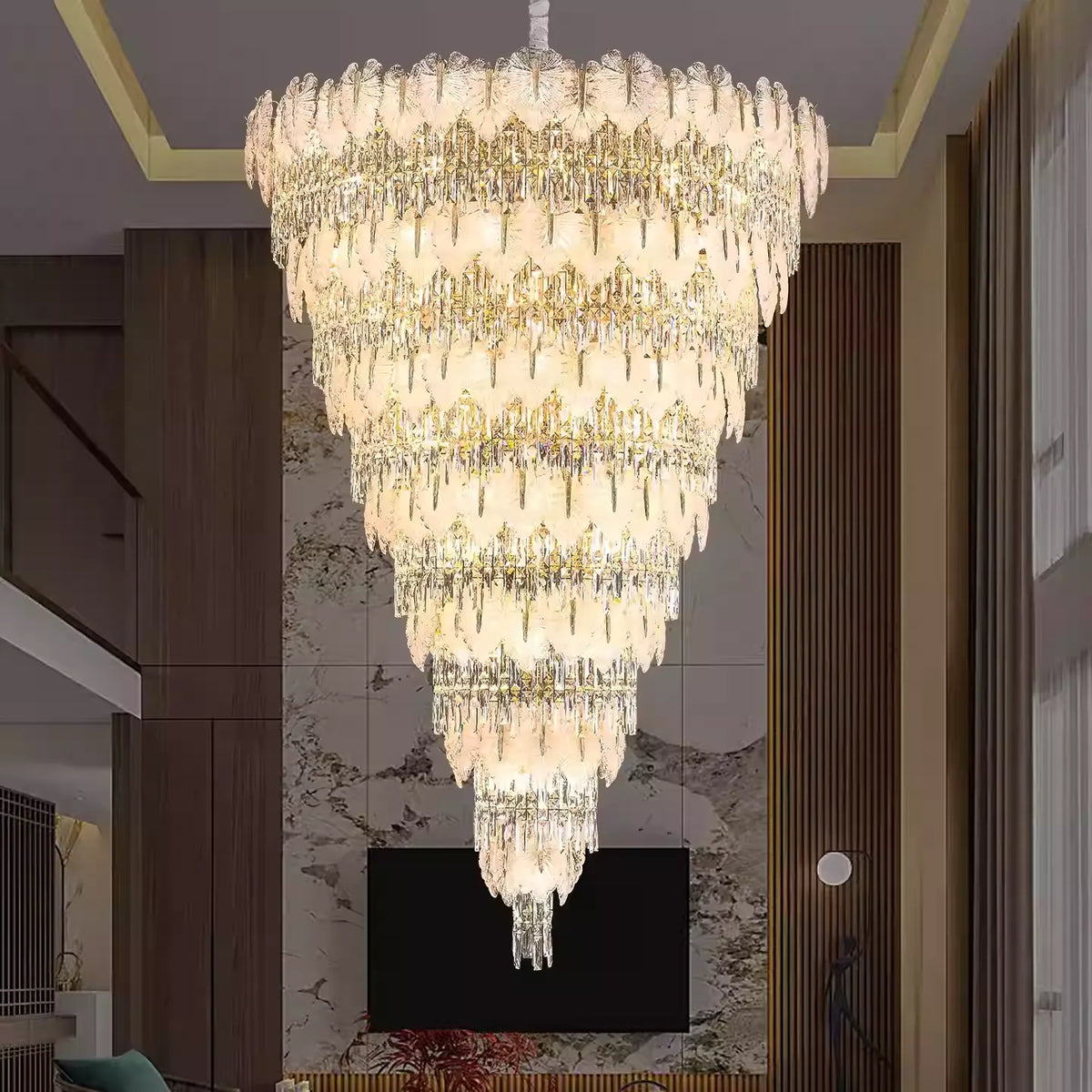 Luxurious Cascading Handcrafted Glass Leaf Multi-Tier Crystal Waterfall Chandelier