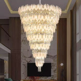 Luxurious Cascading Handcrafted Glass Leaf Multi-Tier Crystal Waterfall Chandelier