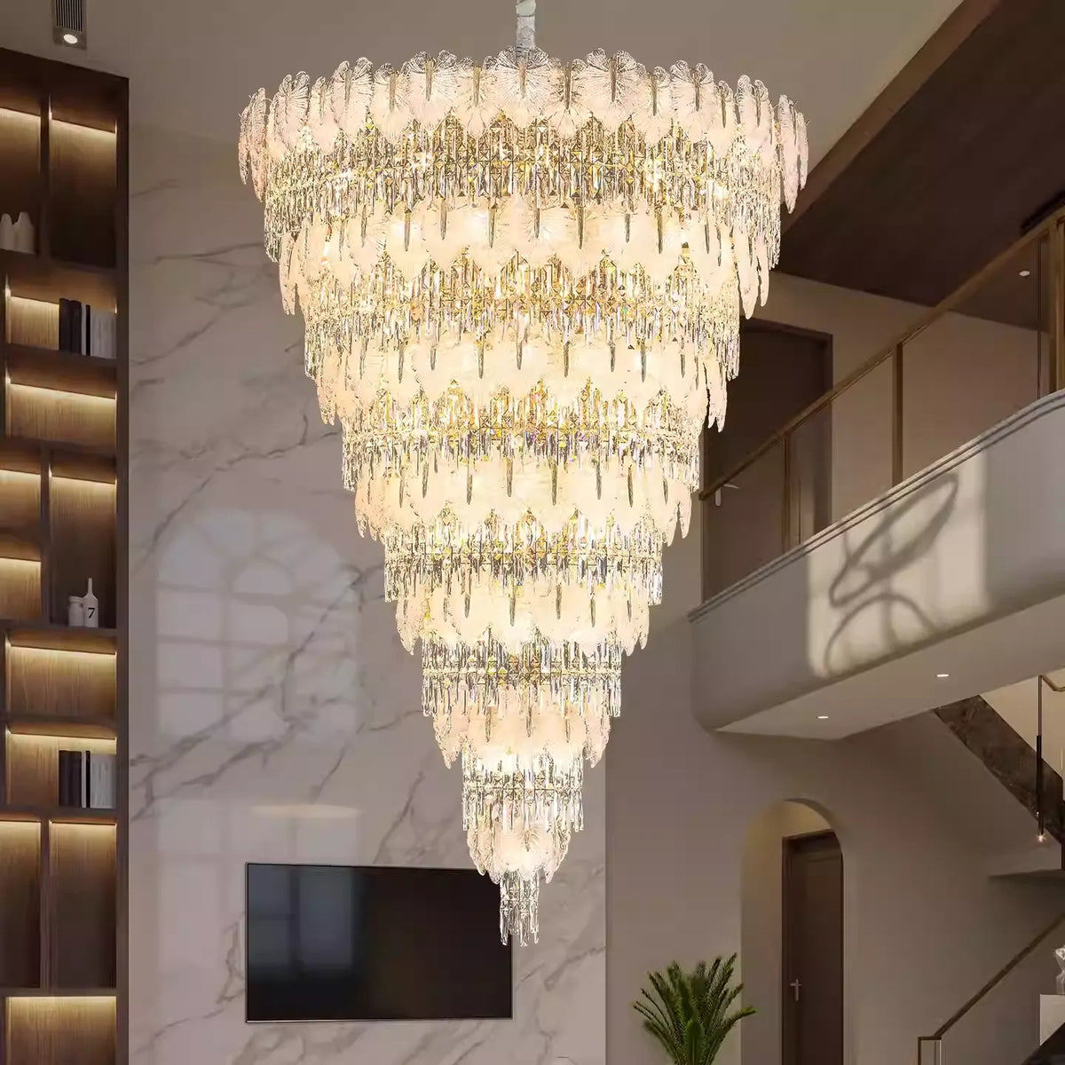 Luxurious Cascading Handcrafted Glass Leaf Multi-Tier Crystal Waterfall Chandelier