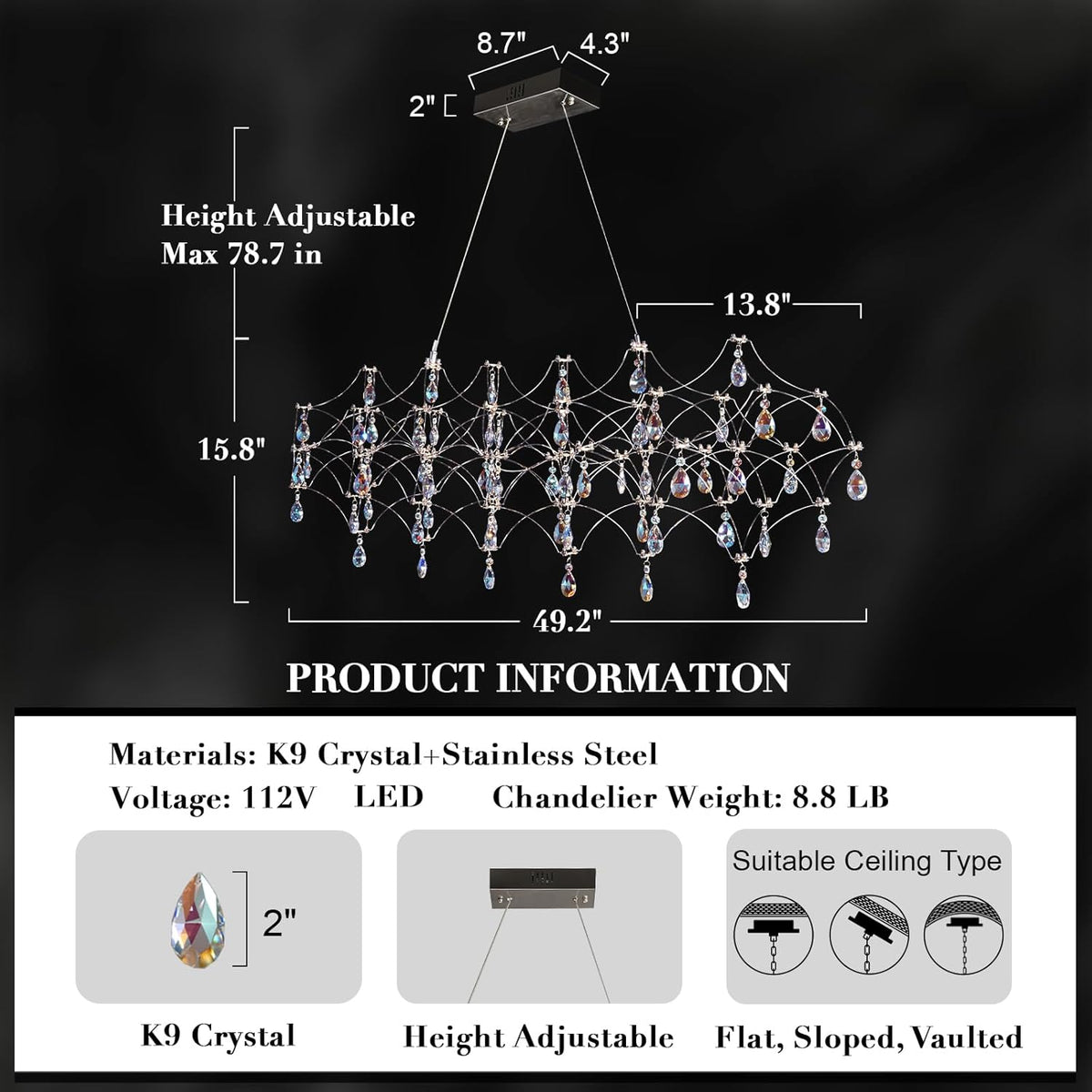 Large Silver Rectangle Crystal Chandelier 49.2" Modern Luxury Raindrop Light