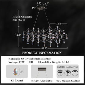 Large Silver Rectangle Crystal Chandelier 49.2" Modern Luxury Raindrop Light