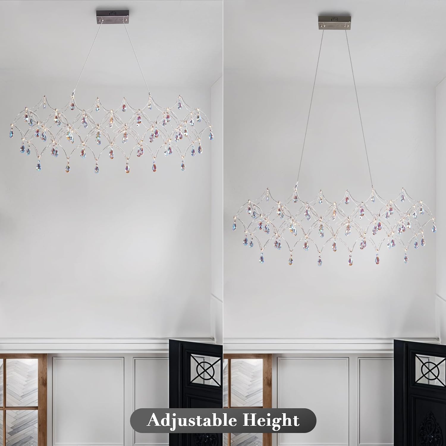 Large Silver Rectangle Crystal Chandelier 49.2" Modern Luxury Raindrop Light