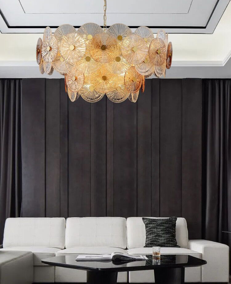 Light Luxury Art Design Creative Round Multi-tiered Glass Chandelier for Living Room/Bedroom