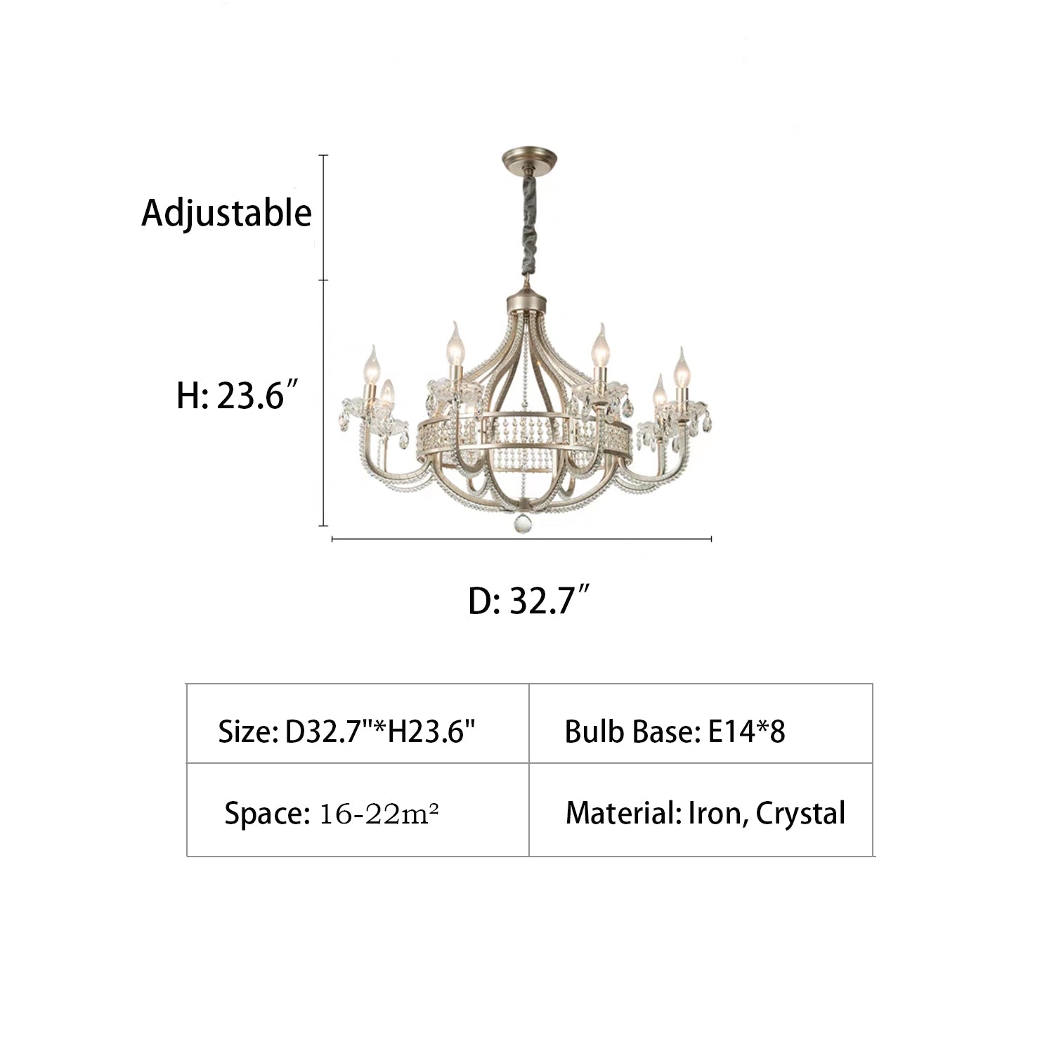 D32.7"*H23.6" chandelier,chandeliers,candle,silver,iron,crystal,raindrop,living room,dining room