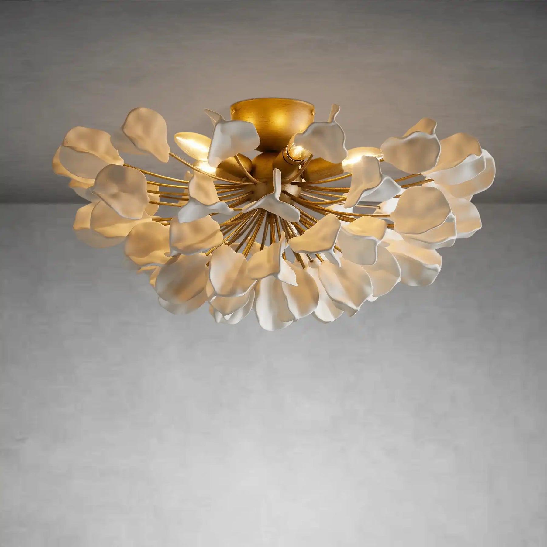 Lunaria Ceramic Petal Flush Mount Chandelier – Brass & Bronze