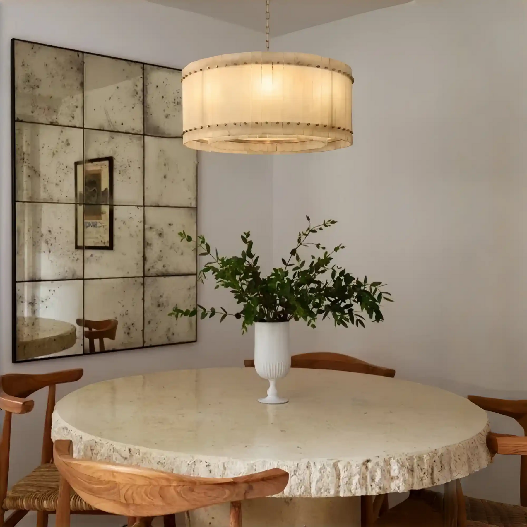 Lux Marcus Alabaster Round Chandelier Tiered Natural Stone & Steel Suspension Lamp