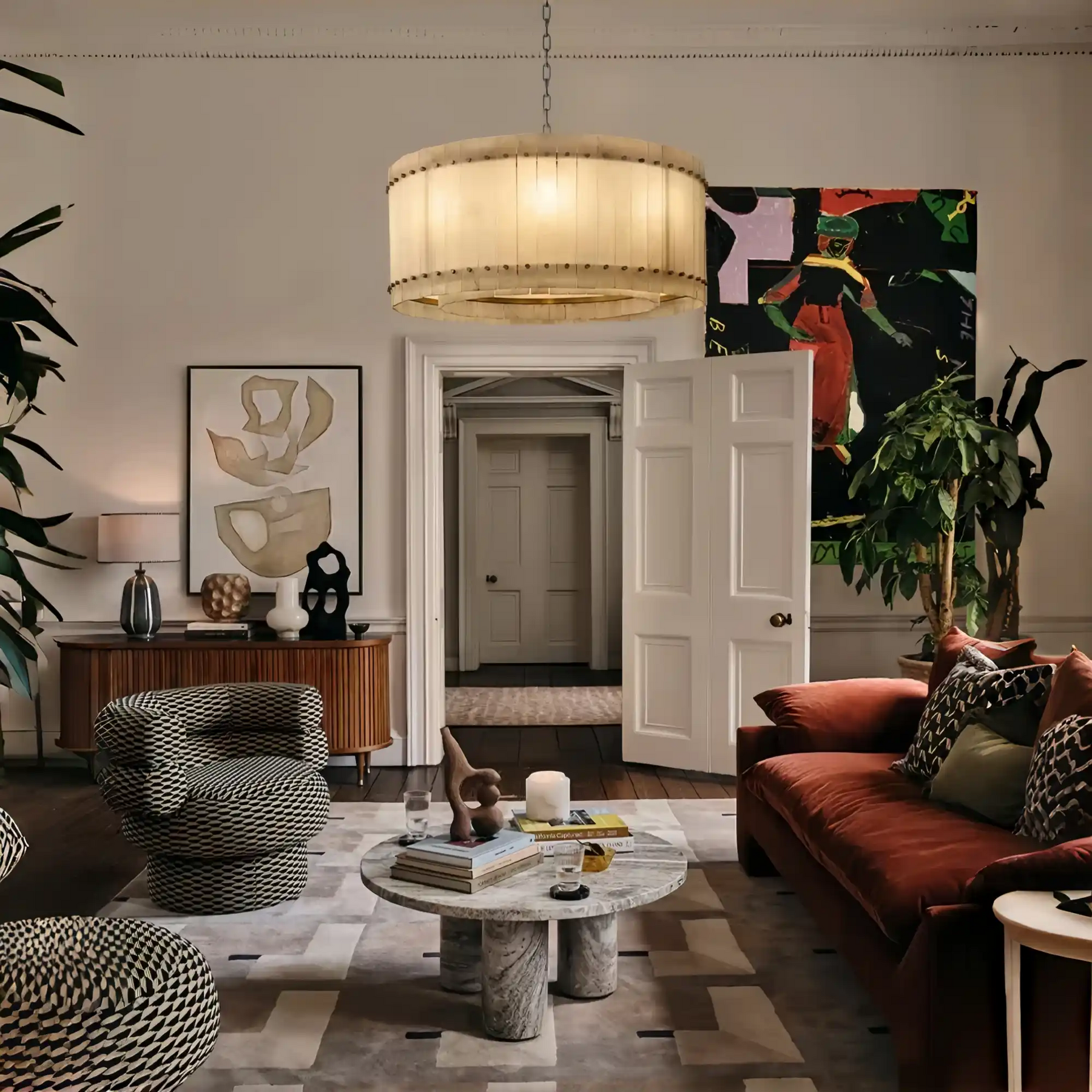 Lux Marcus Alabaster Round Chandelier Tiered Natural Stone & Steel Suspension Lamp
