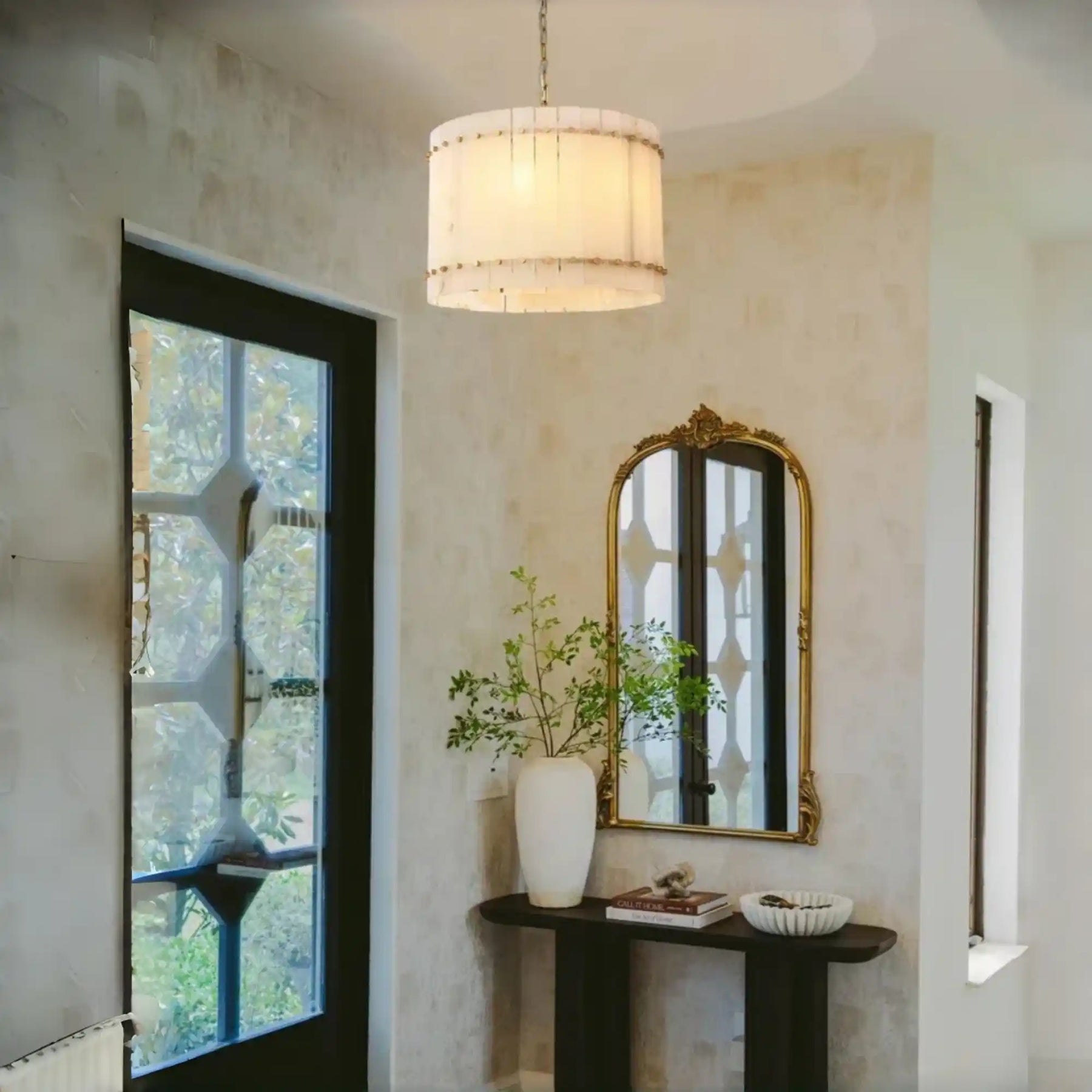 Lux Marcus Alabaster Round Chandelier Tiered Natural Stone & Steel Suspension Lamp