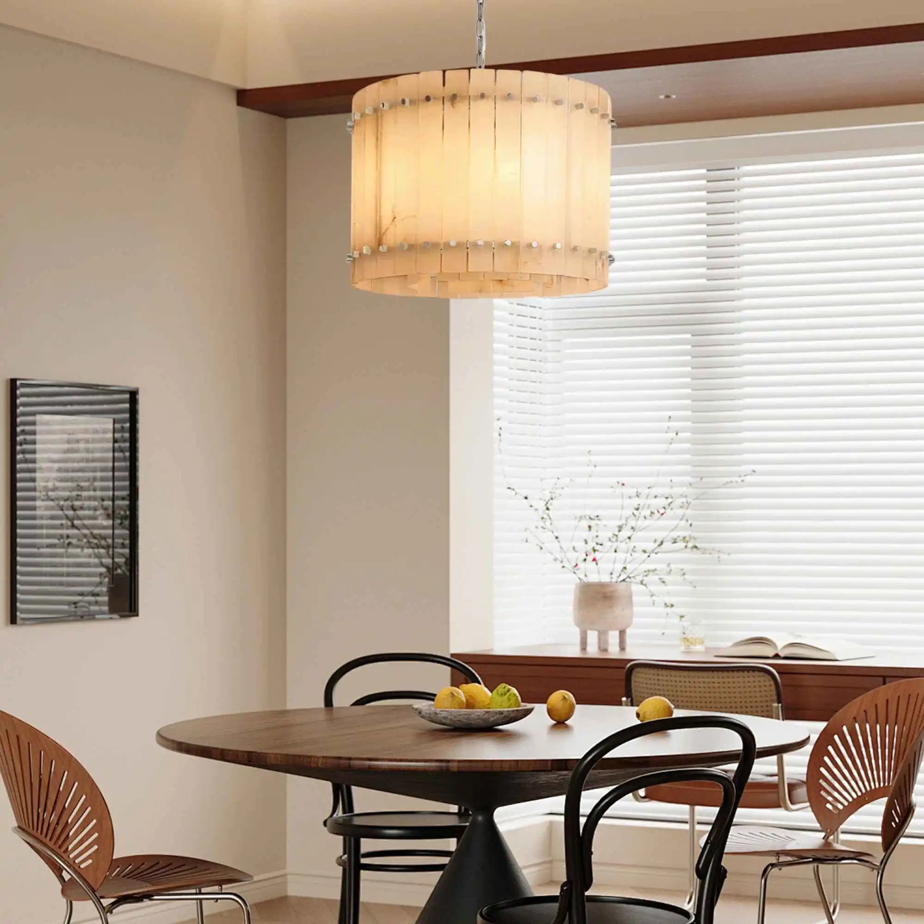 Lux Marcus Alabaster Round Chandelier Tiered Natural Stone & Steel Suspension Lamp
