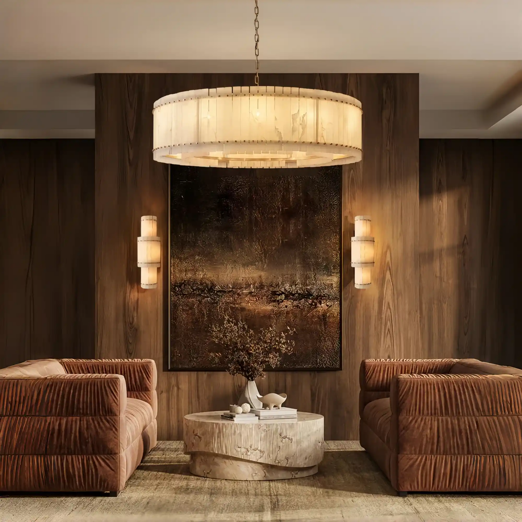 Lux Marcus Alabaster Round Chandelier Tiered Natural Stone & Steel Suspension Lamp
