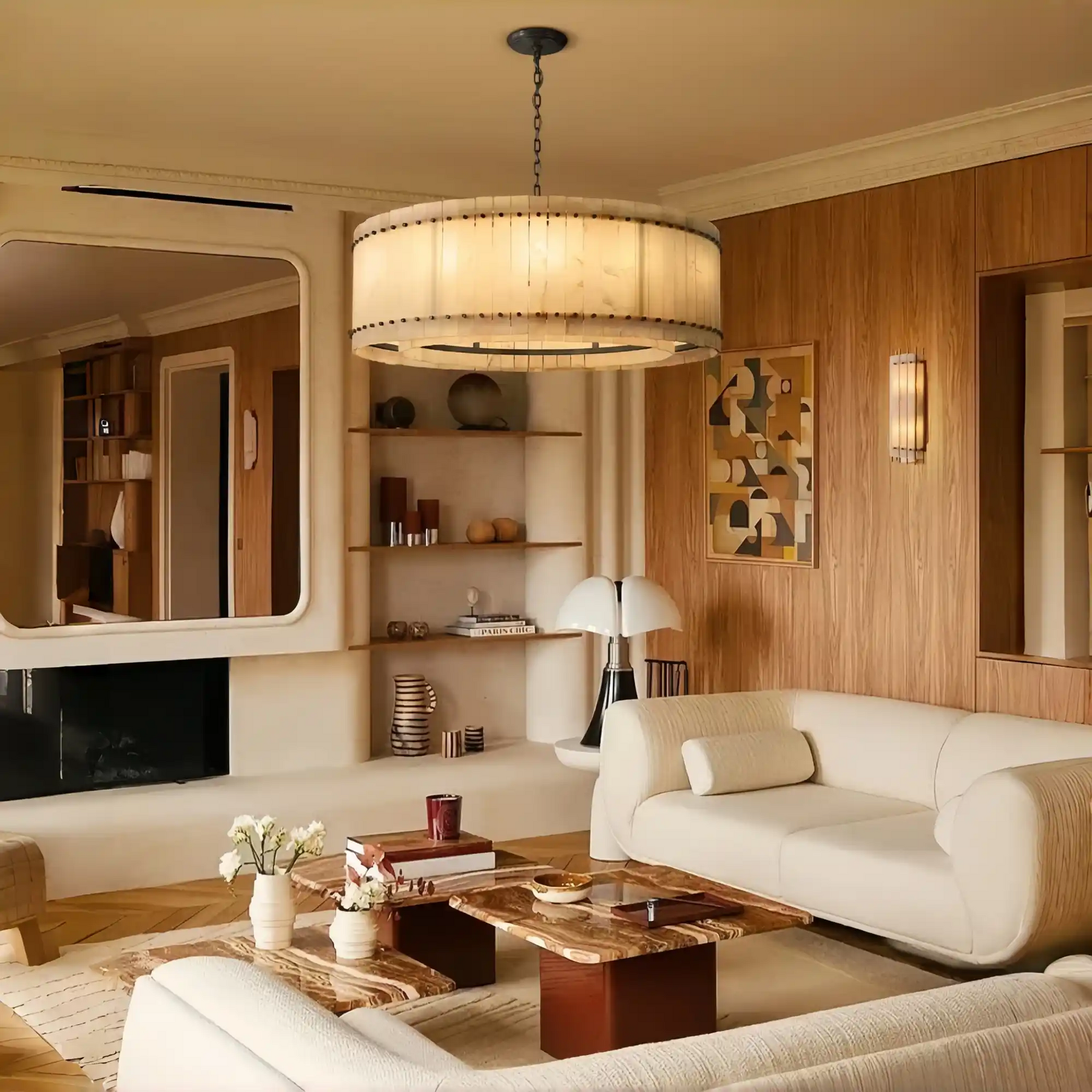 Lux Marcus Alabaster Round Chandelier Tiered Natural Stone & Steel Suspension Lamp