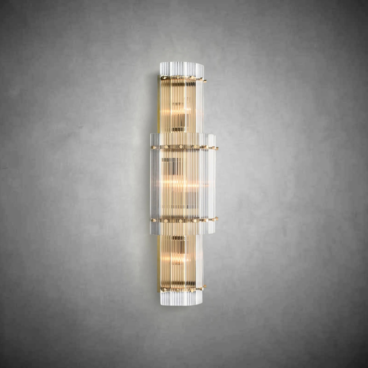 Merlin Lamps Large 38-inch handmade fluted glass wall sconce with steel frame, vertical mount view.