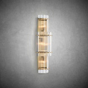 Merlin Lamps Large 38-inch handmade fluted glass wall sconce with steel frame, vertical mount view.