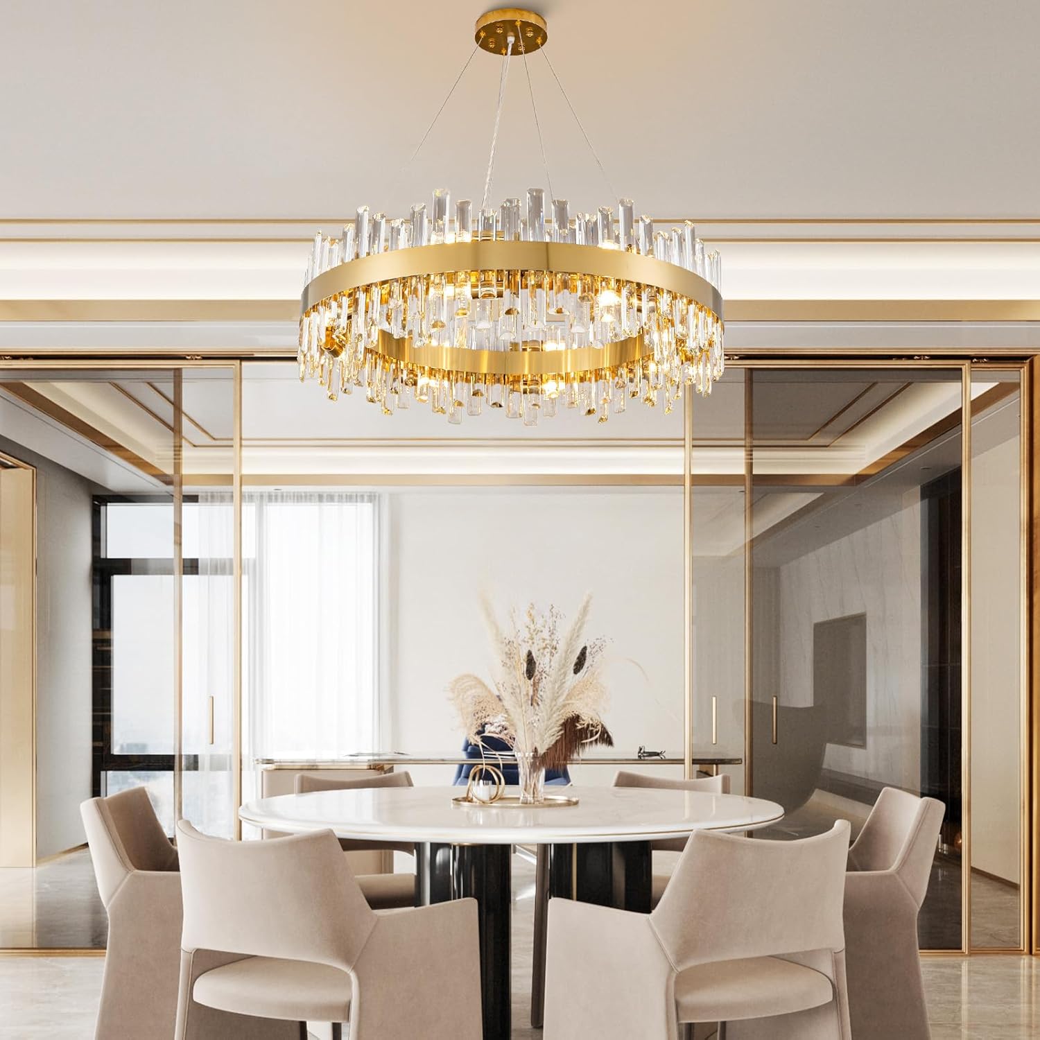 Luxurious 16-Light Brass Gold Crystal Chandelier – Modern Round 2‑Tier Design