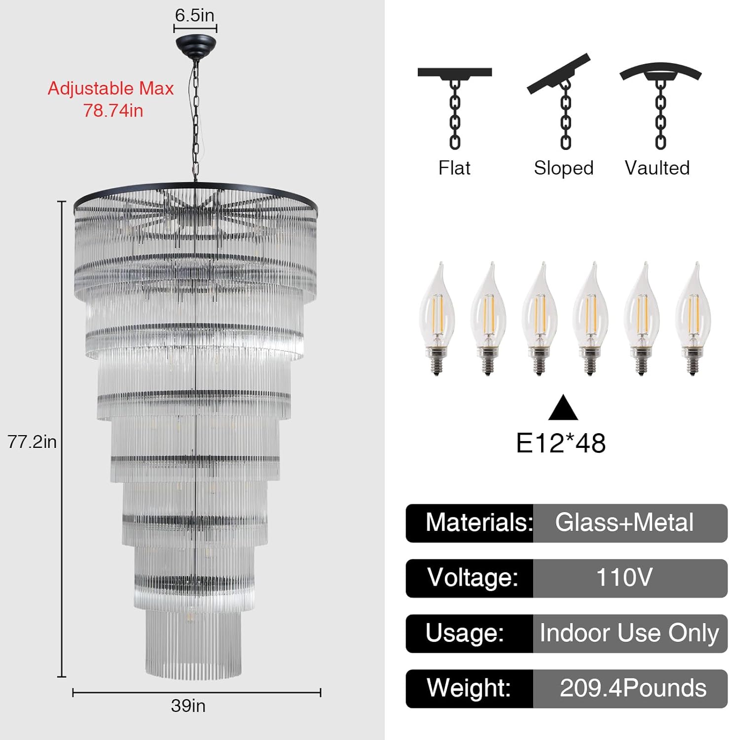 Luxurious 7‑Tier Black Glass Chandelier with 48 Lights