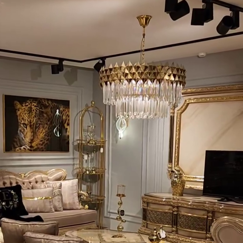 Luxury 1/2-Tier Round/Rectangular Gold Finish Crystal Chandelier for Living Room/Bedroom