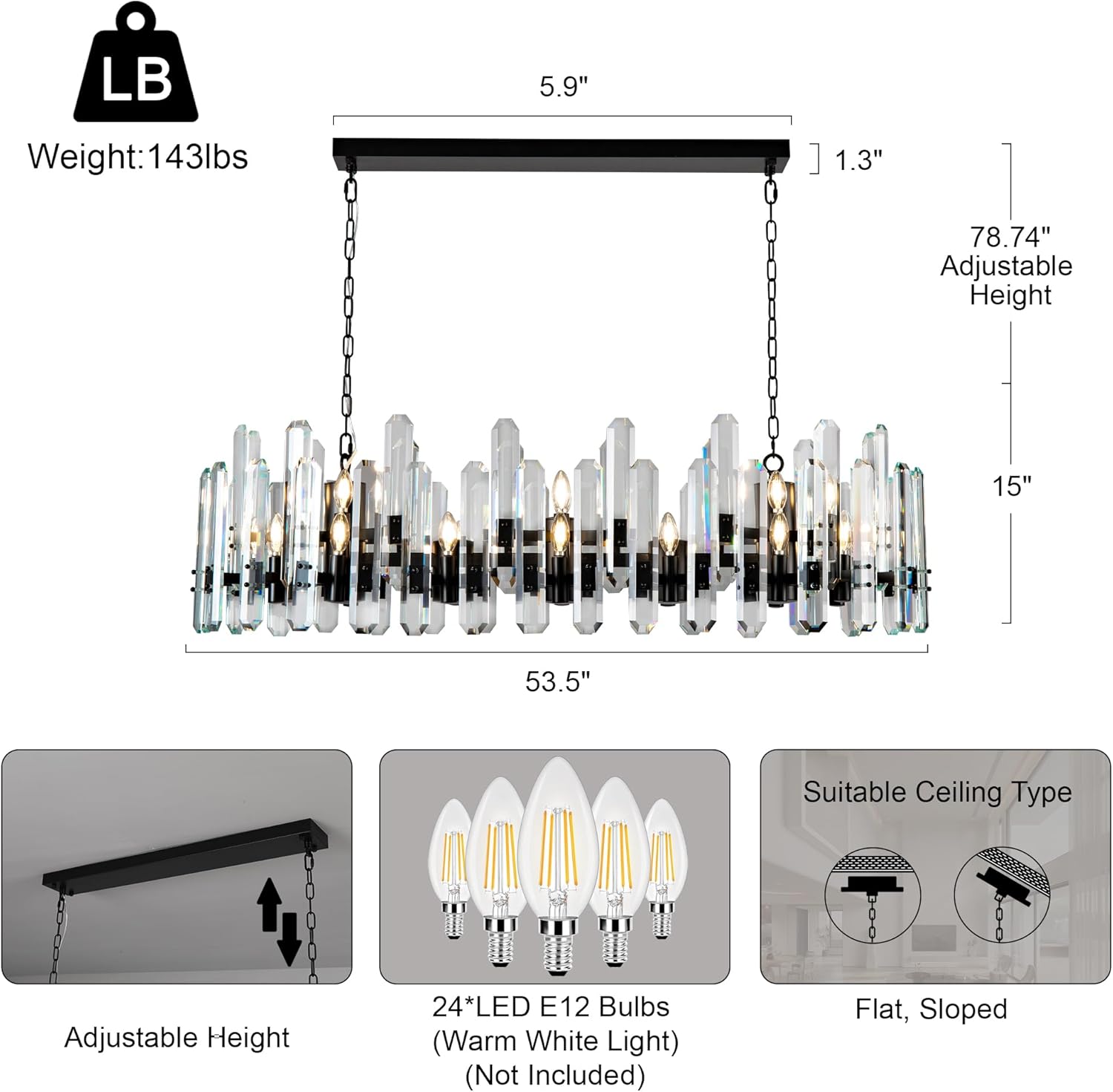Luxury 54" Black Rectangular Crystal Chandelier with Adjustable Chain