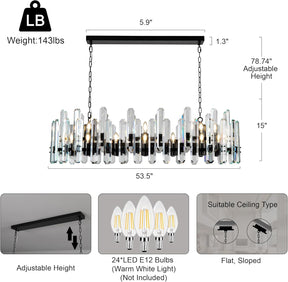 Luxury 54" Black Rectangular Crystal Chandelier with Adjustable Chain