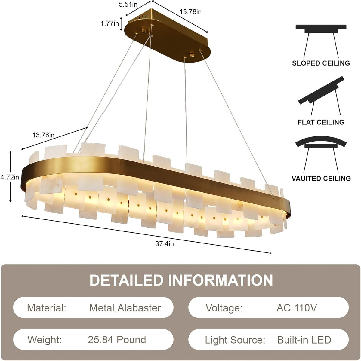 Luxury Adjustable Rectangle Alabaster Chandelier 37.4" Modern Ceiling Light