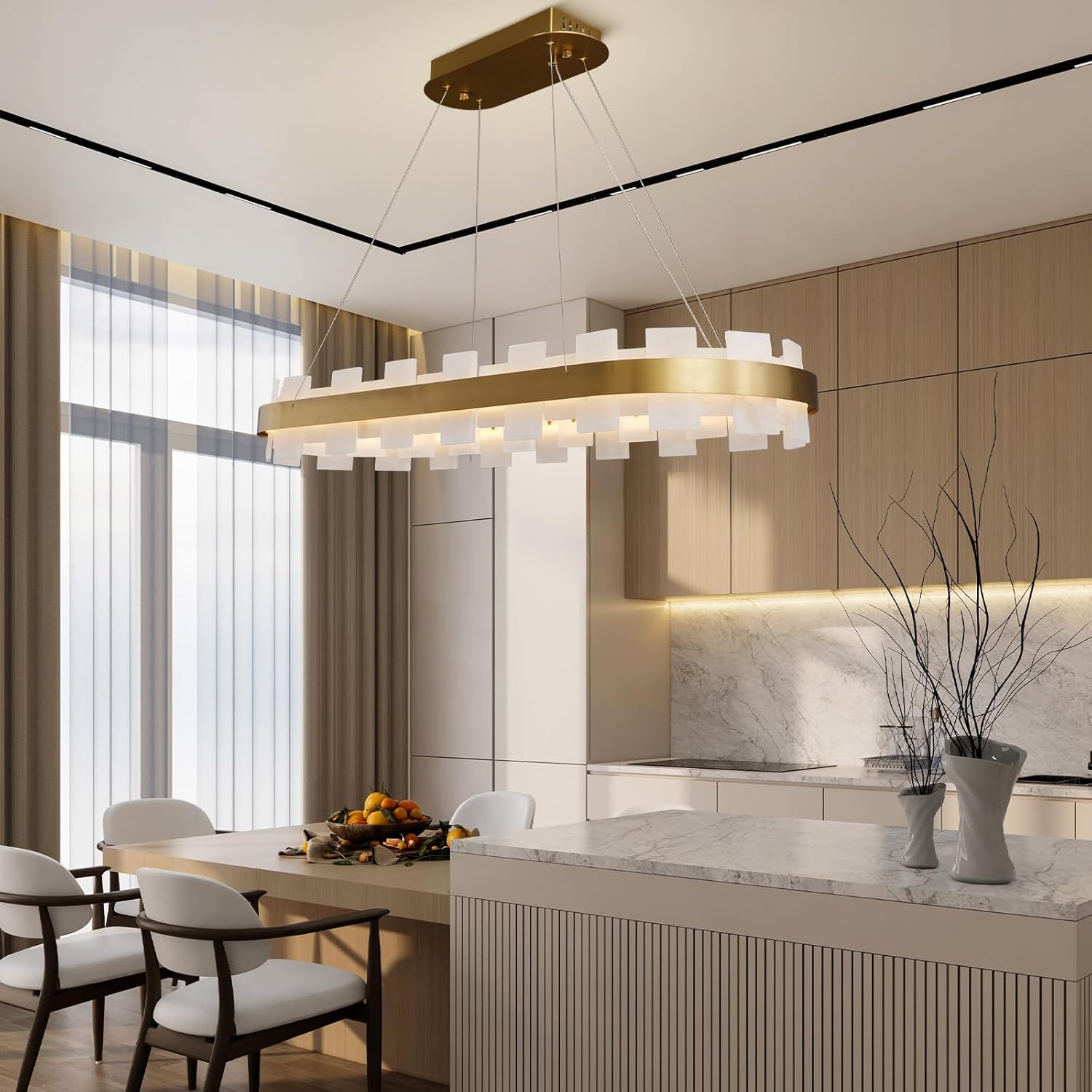 Luxury Adjustable Rectangle Alabaster Chandelier 37.4" Modern Ceiling Light