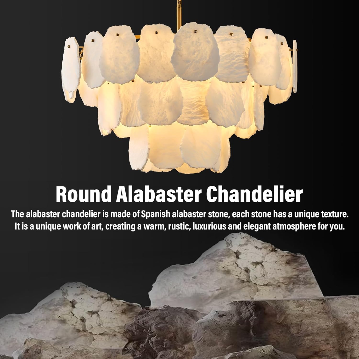 Luxury Alabaster Chandelier – 32" D, 15‑Bulb Natural Spanish Stone Light Fixture
