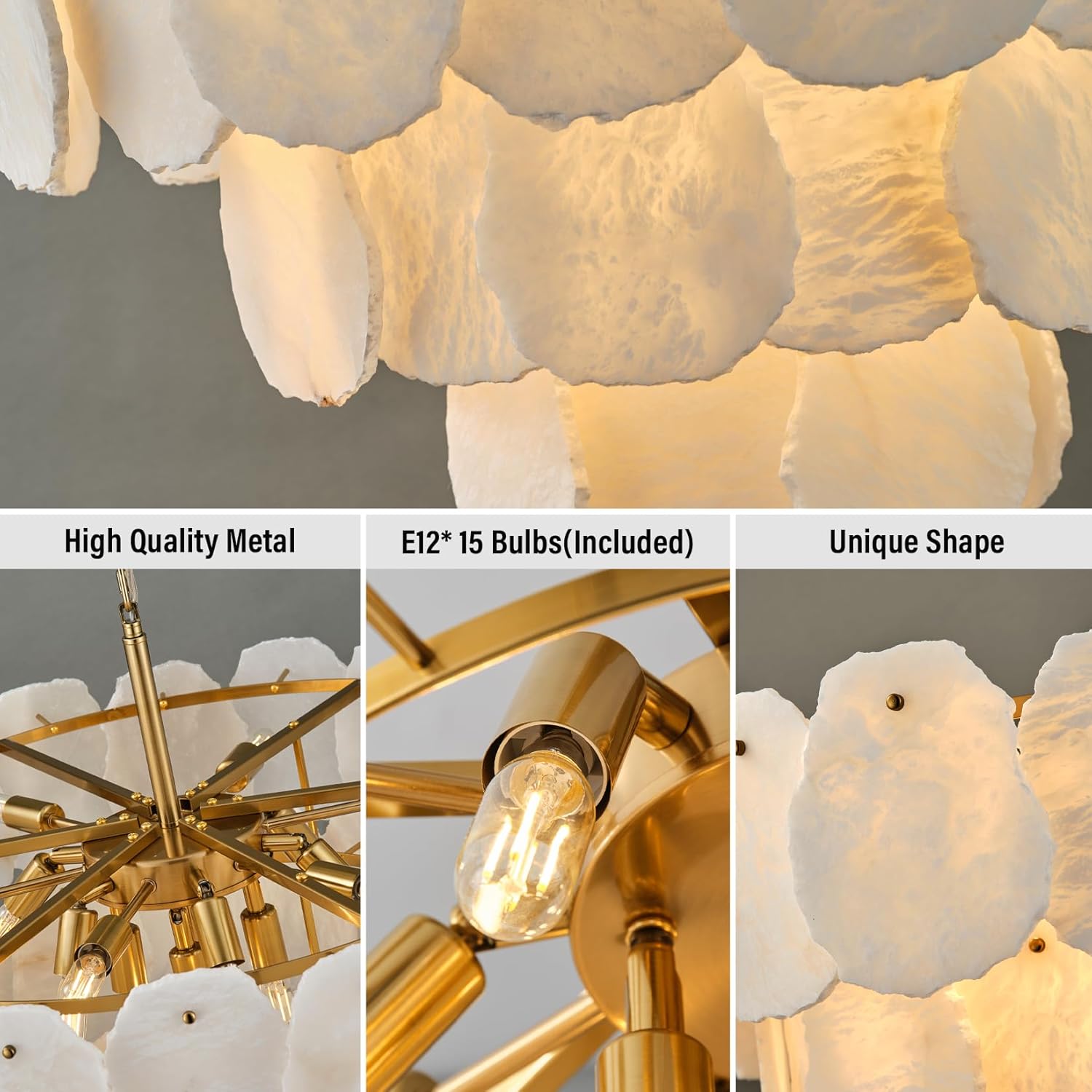 Luxury Alabaster Chandelier – 32" D, 15‑Bulb Natural Spanish Stone Light Fixture