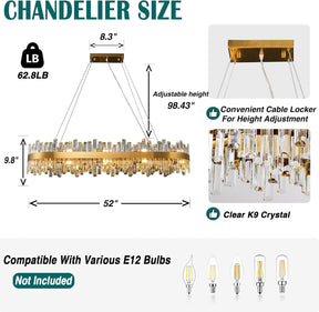 Luxury Gold 2-Tier Rectangular Crystal Chandelier 52" L Dining