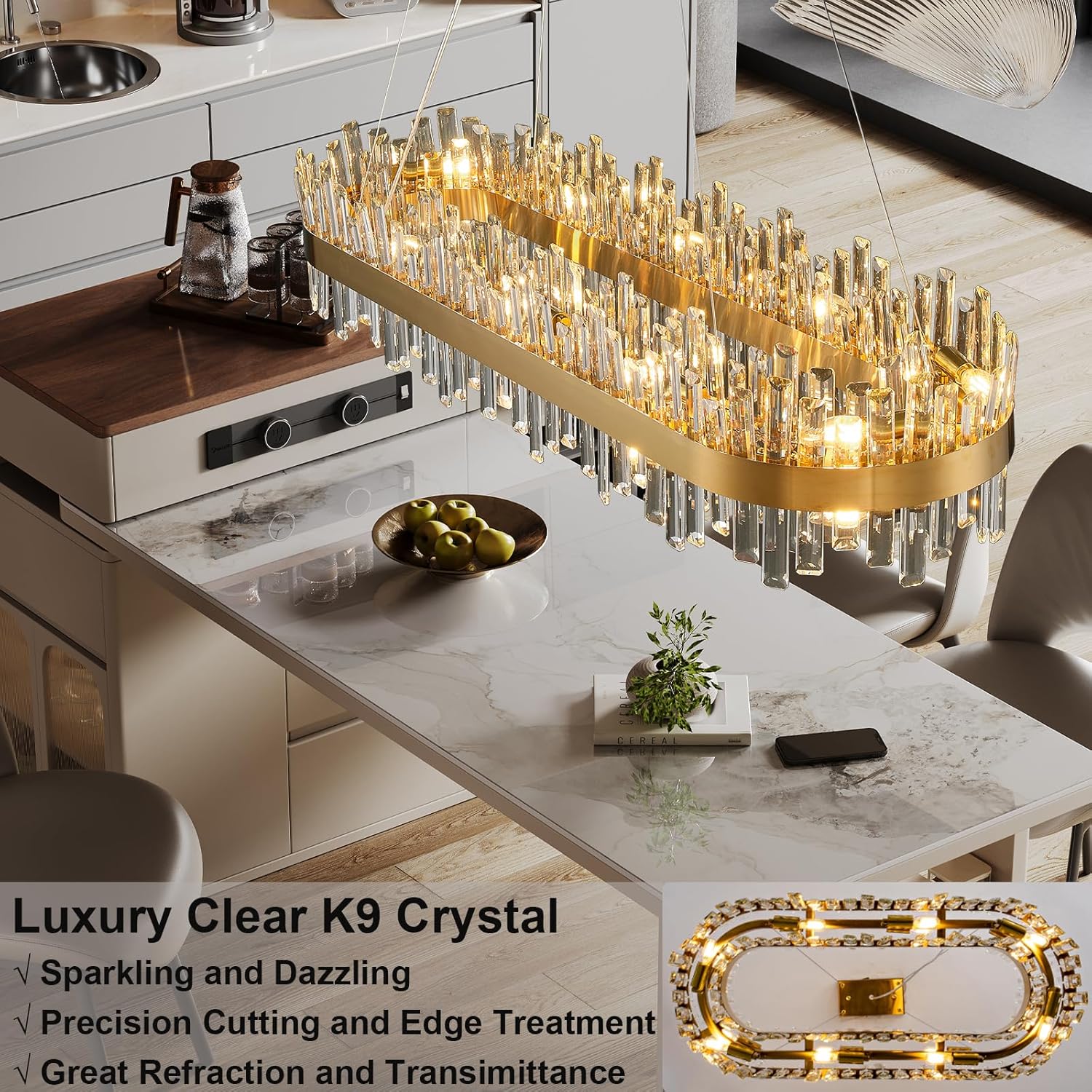 Luxury Gold 2-Tier Rectangular Crystal Chandelier 52" L Dining