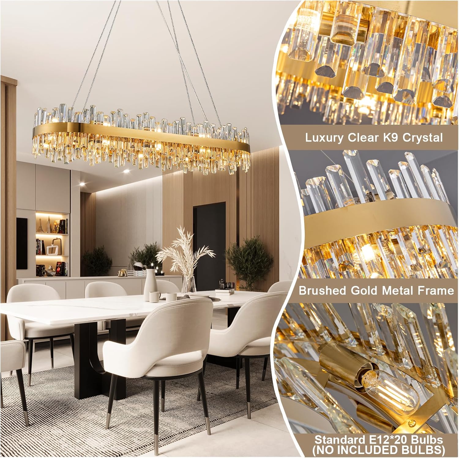 Luxury Gold 2-Tier Rectangular Crystal Chandelier 52" L Dining
