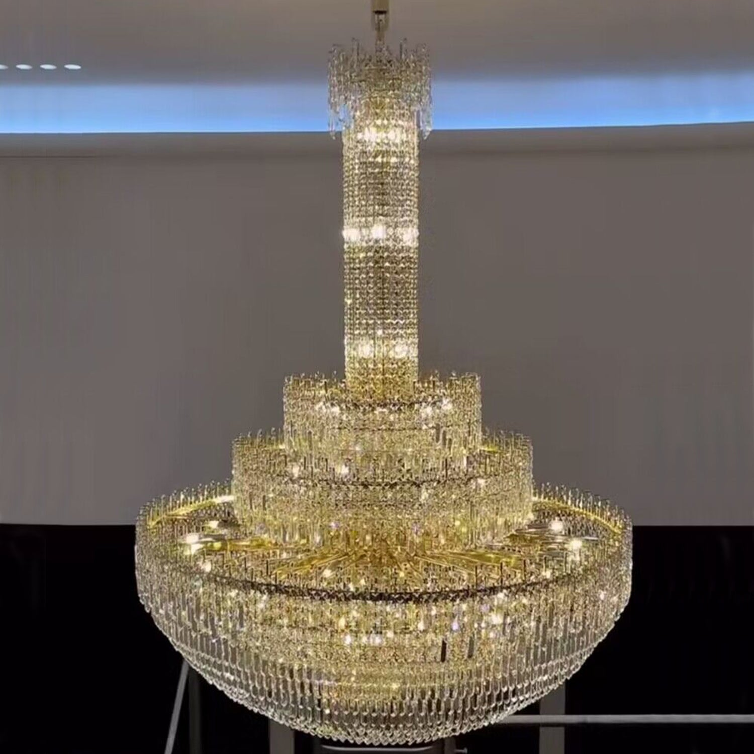 Luxury Oversized Gold European Crystal Chandelier 3-tiered Medium-length for Foyer/Staircase/Hallway/Entrway