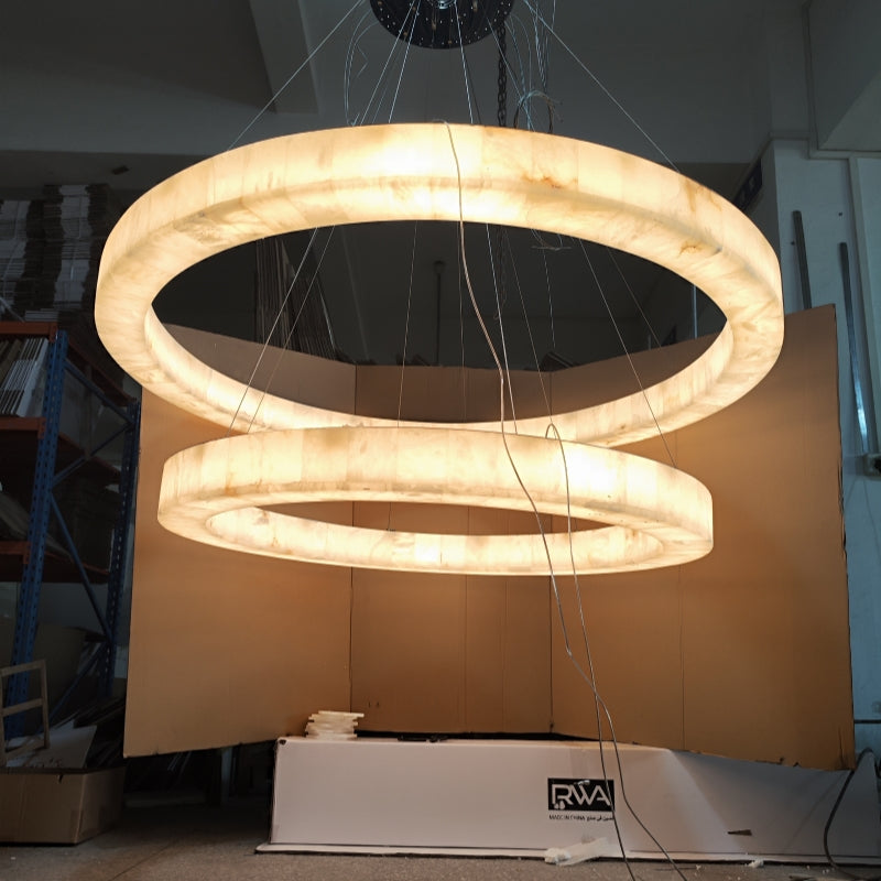 Maurice 2-Tier Round Calcite Halo Chandelier 60" Modern Alabaster Chandelier