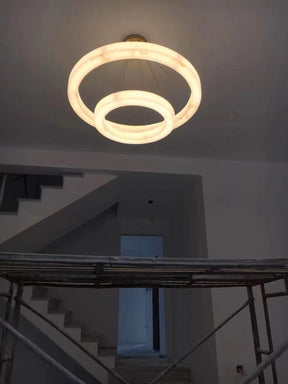 Maurice 2-Tier Round Calcite Halo Chandelier 60" Modern Alabaster Chandelier