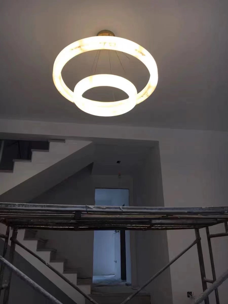 Maurice 2-Tier Round Calcite Halo Chandelier 60" Modern Alabaster Chandelier