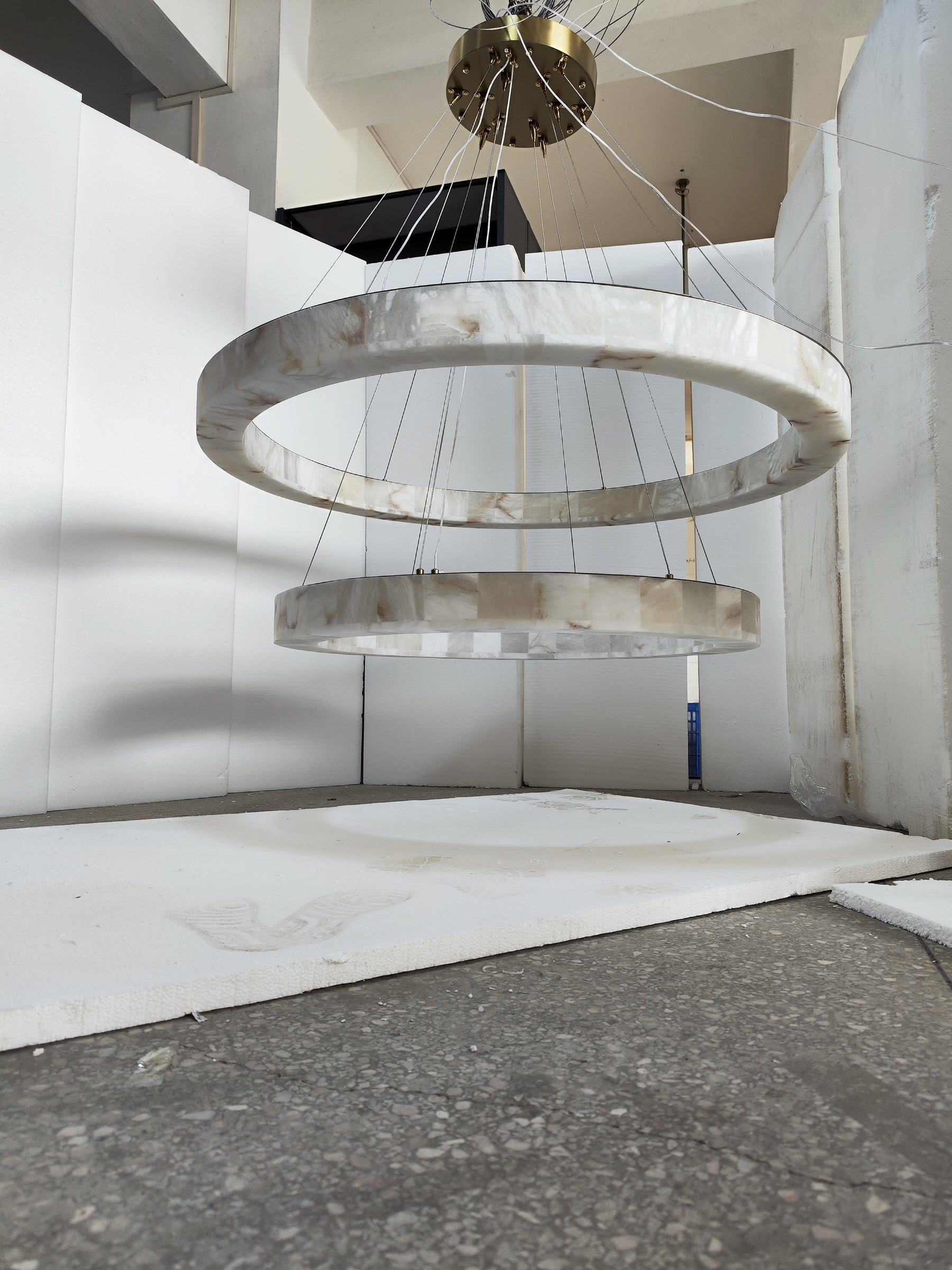 Maurice 2-Tier Round Calcite Halo Chandelier 60" Modern Alabaster Chandelier