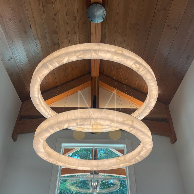 Maurice 2-Tier Round Calcite Halo Chandelier 60" Modern Alabaster Chandelier