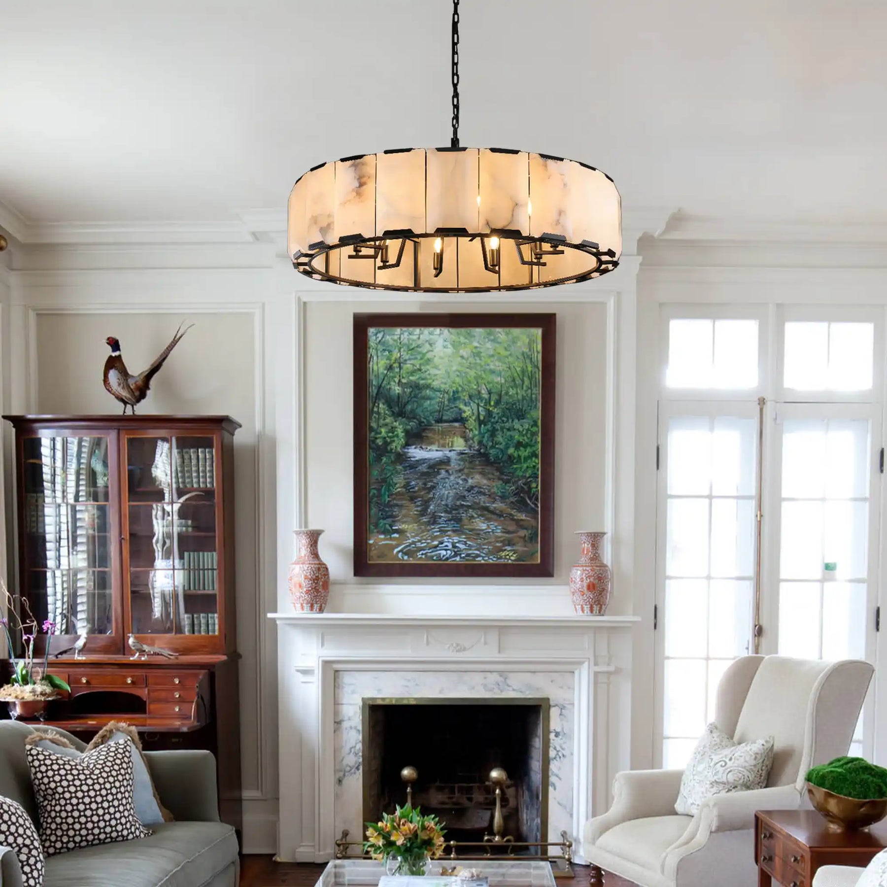 Charles Multicurve Calcite Round Chandelier, Modern Illuminate Lamp for Living Room
