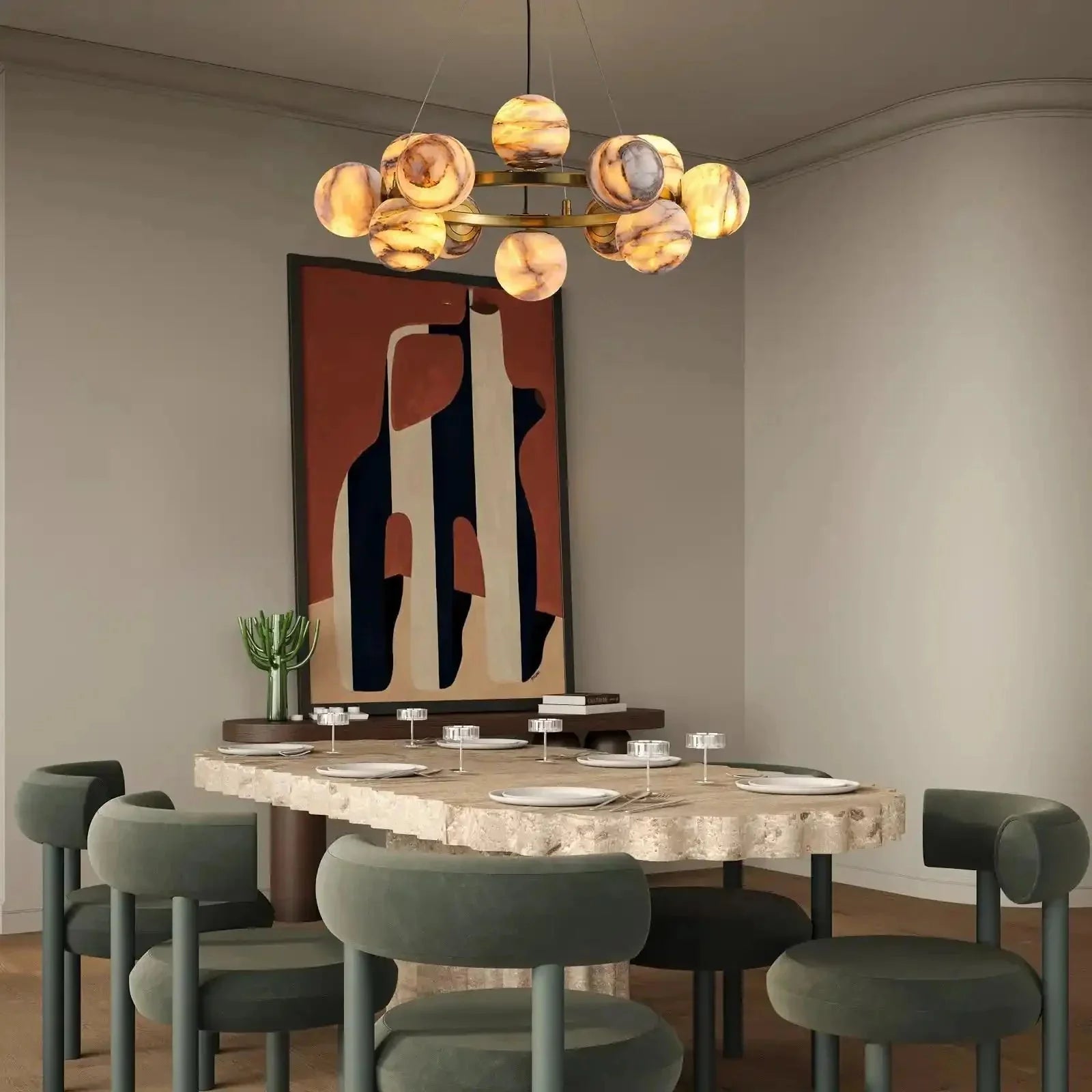 Mid Century Modern Sputnik 12 Light Gold Alabaster Globe Chandelier - D800Blushlighting
