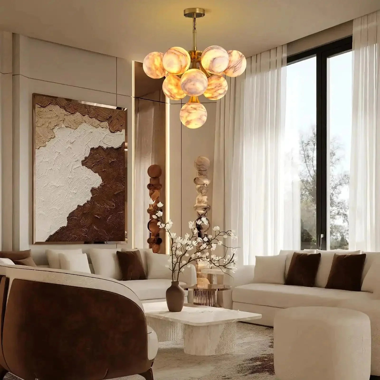 Mid Century Modern Sputnik 12 Light Gold Alabaster Globe Chandelier - D800Blushlighting