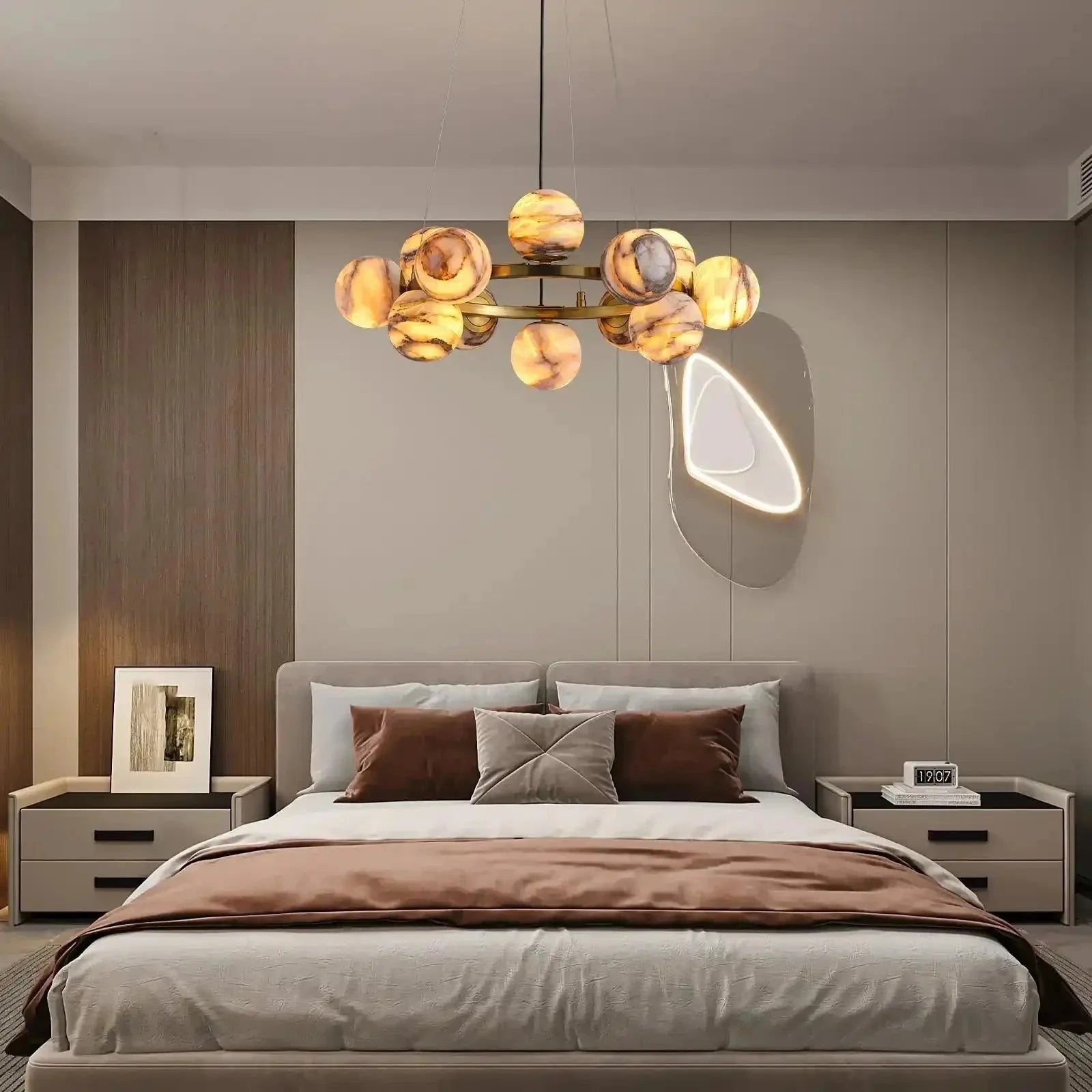 Mid Century Modern Sputnik 12 Light Gold Alabaster Globe Chandelier - D800Blushlighting