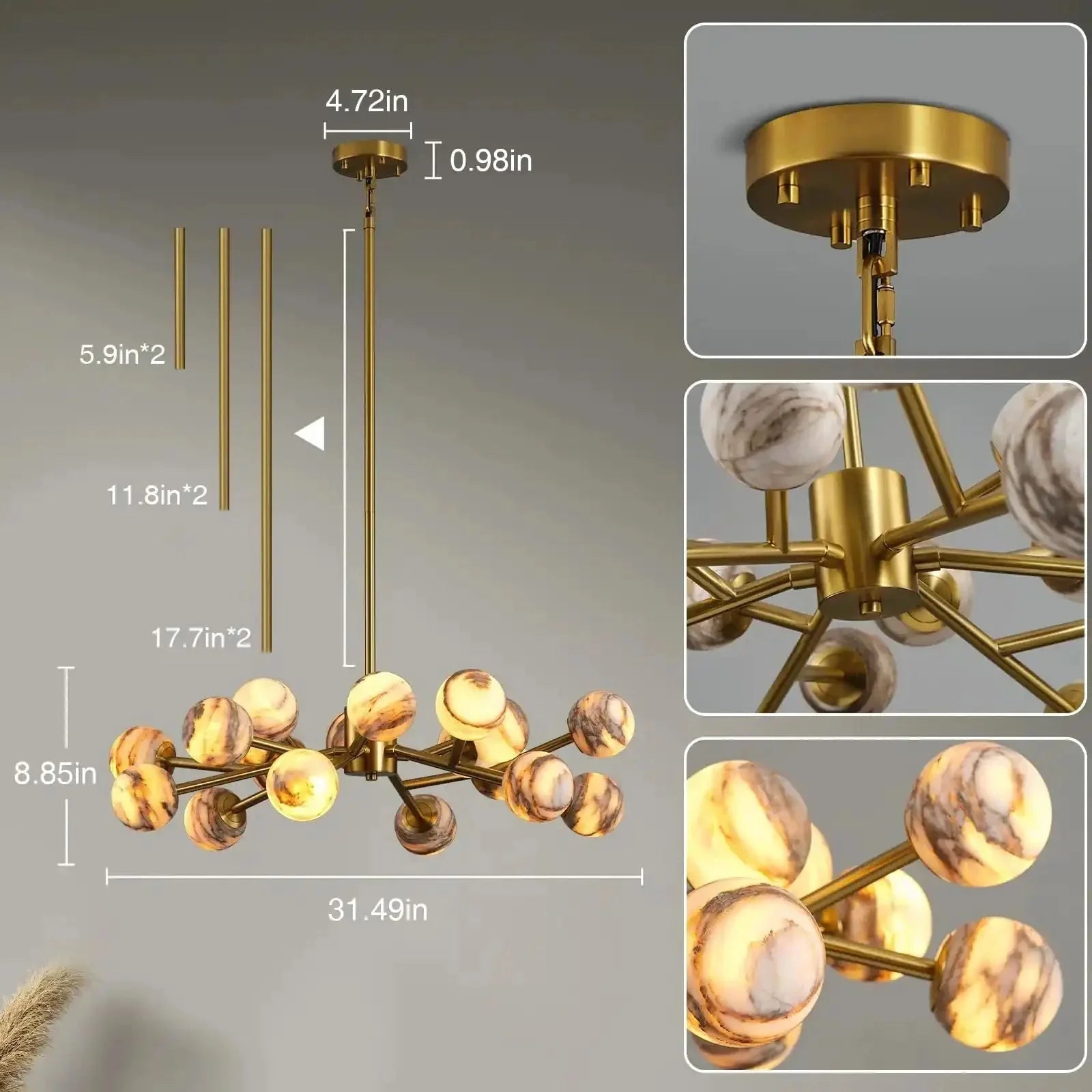 Mid Century Modern Sputnik 12 Light Gold Alabaster Globe Chandelier - D800Blushlighting