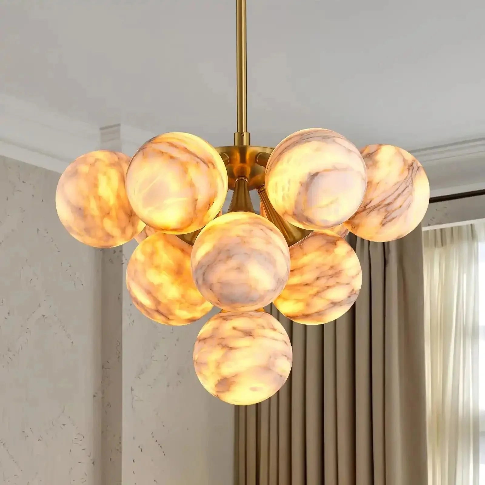 Mid Century Modern Sputnik 12 Light Gold Alabaster Globe Chandelier - D560Blushlighting